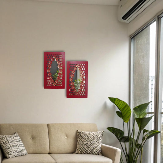 Set of 2 Red Wooden Wall Hanging Mirror Frames