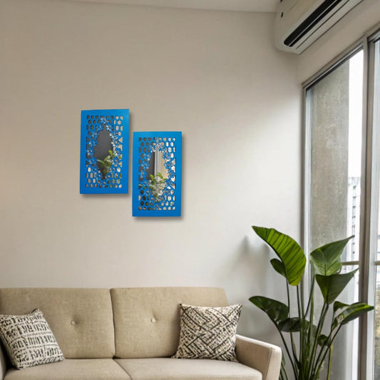 Set of 2 Blue Wooden Wall Hanging Mirror Frames