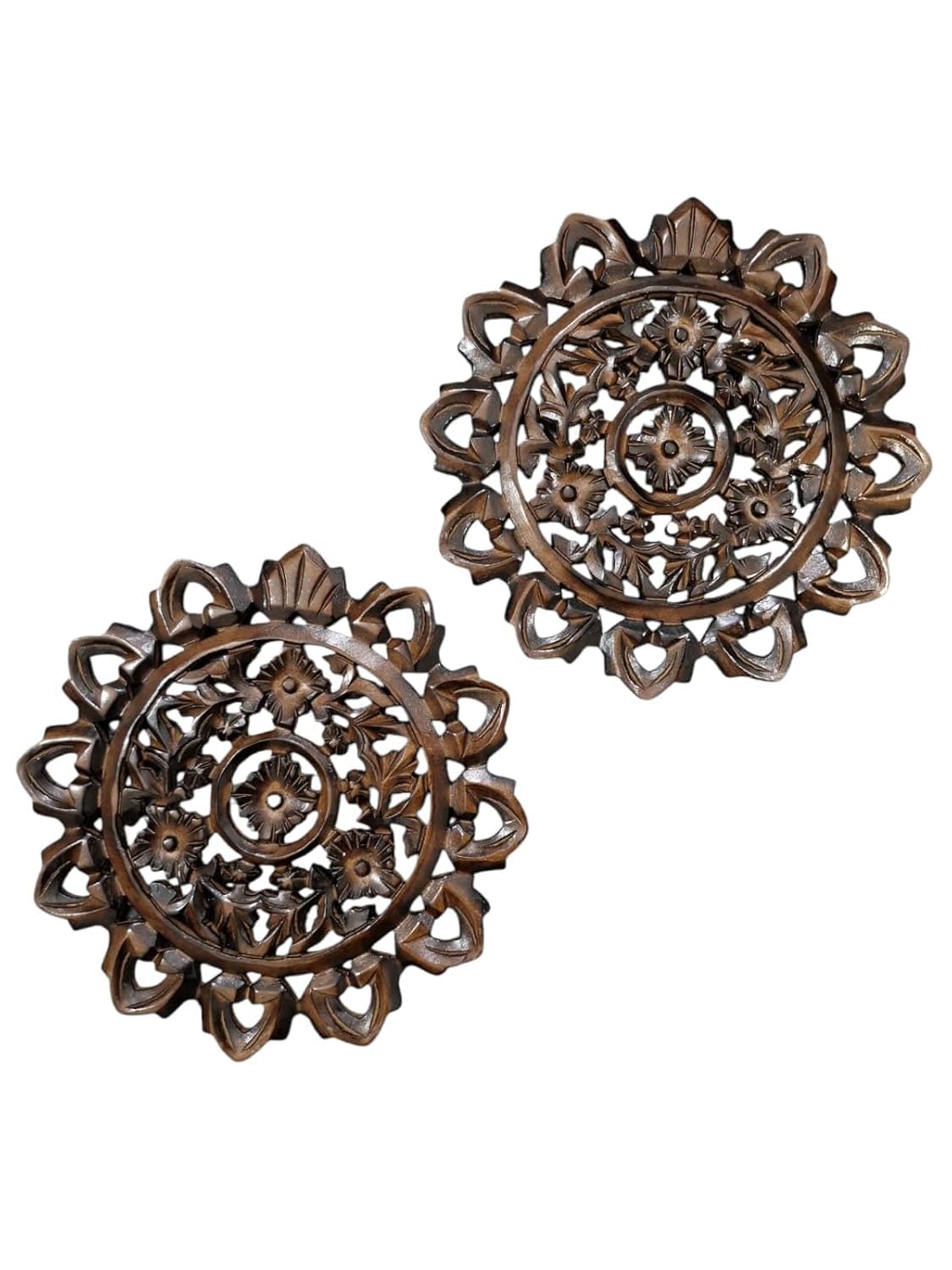 Set of 2 Wooden Wall Panels | Carved Art Round Décor