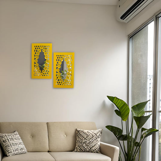 Set of 2 Yellow Wooden Wall Hanging Mirror Frames