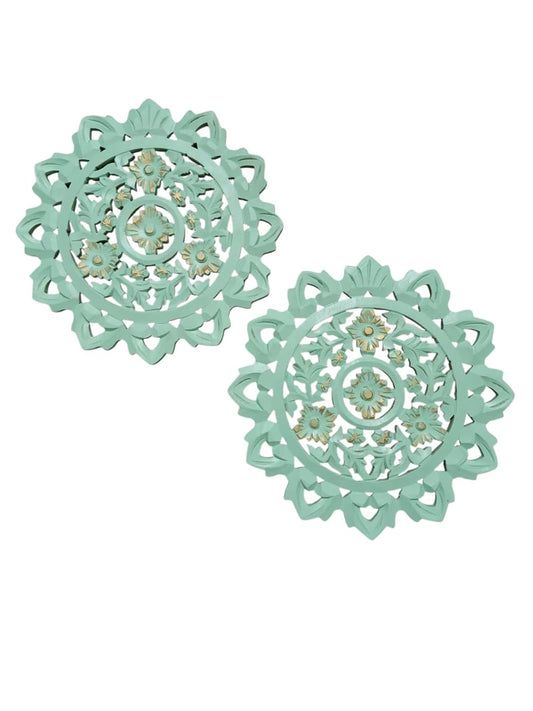 Set of 2 Wooden Wall Panels | Carved Art Round Décor