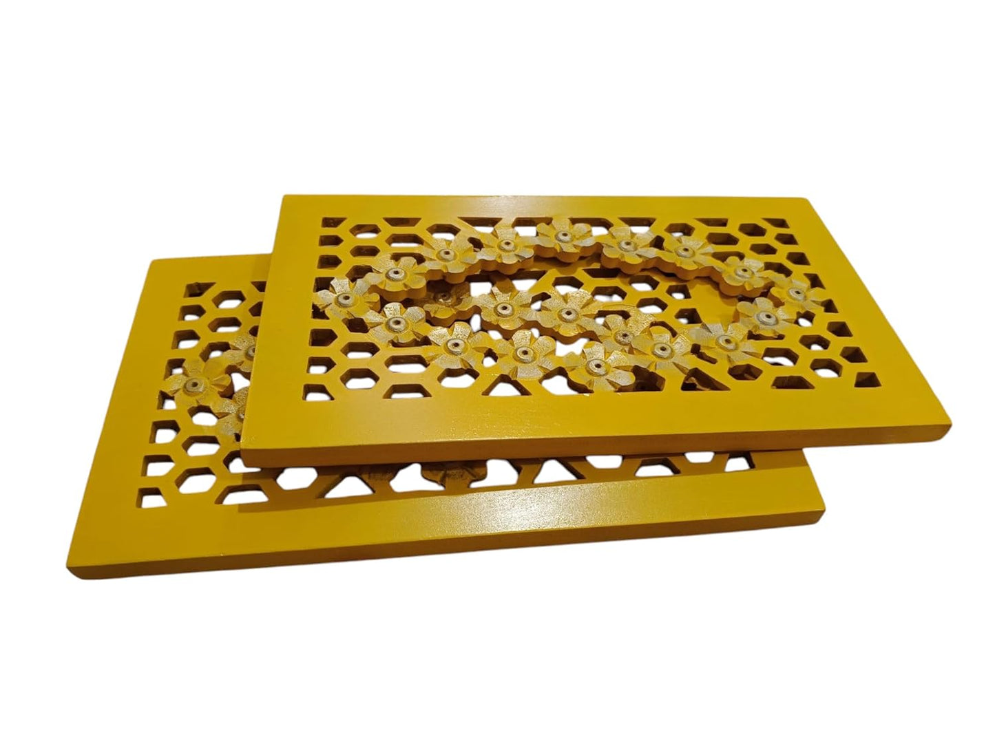 Set of 2 Yellow Wooden Wall Hanging Mirror Frames