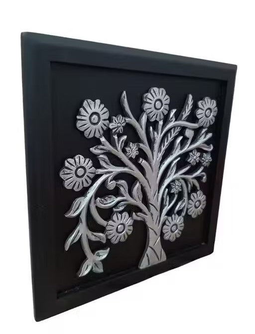 Hand Carved Wooden Wall Panel Black – Tree Design
