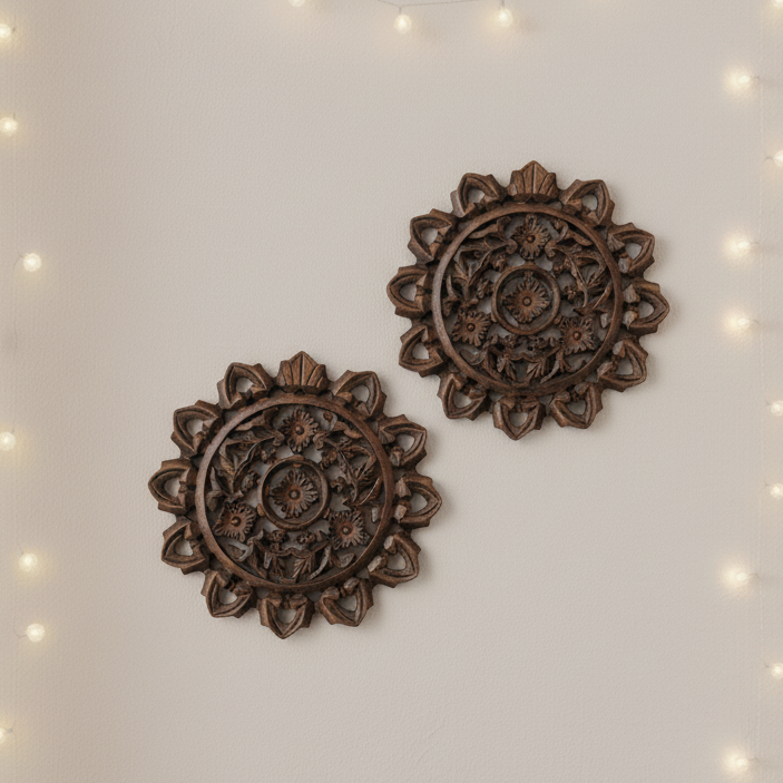 Set of 2 Wooden Wall Panels | Carved Art Round Décor