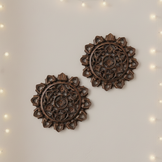 Set of 2 Wooden Wall Panels | Carved Art Round Décor