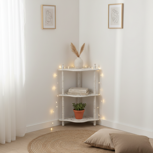 Wooden 3 Shelves Corner Table | Mini Corner Stand (White Antique Finish)