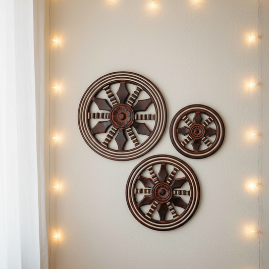 Wooden Wall Panels Set of 3 | Ashoka Chakra Wheel