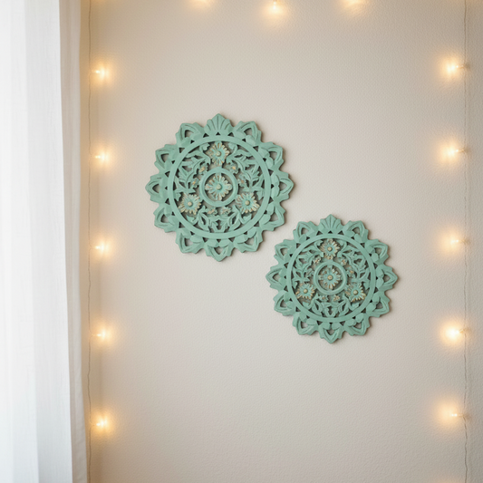 Set of 2 Wooden Wall Panels | Carved Art Round Décor