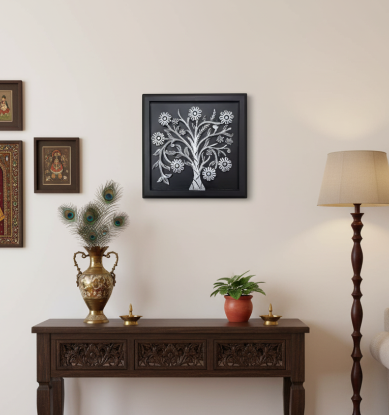 Hand Carved Wooden Wall Panel Black – Tree Design