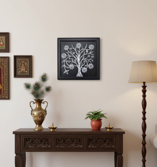 Hand Carved Wooden Wall Panel Black – Tree Design