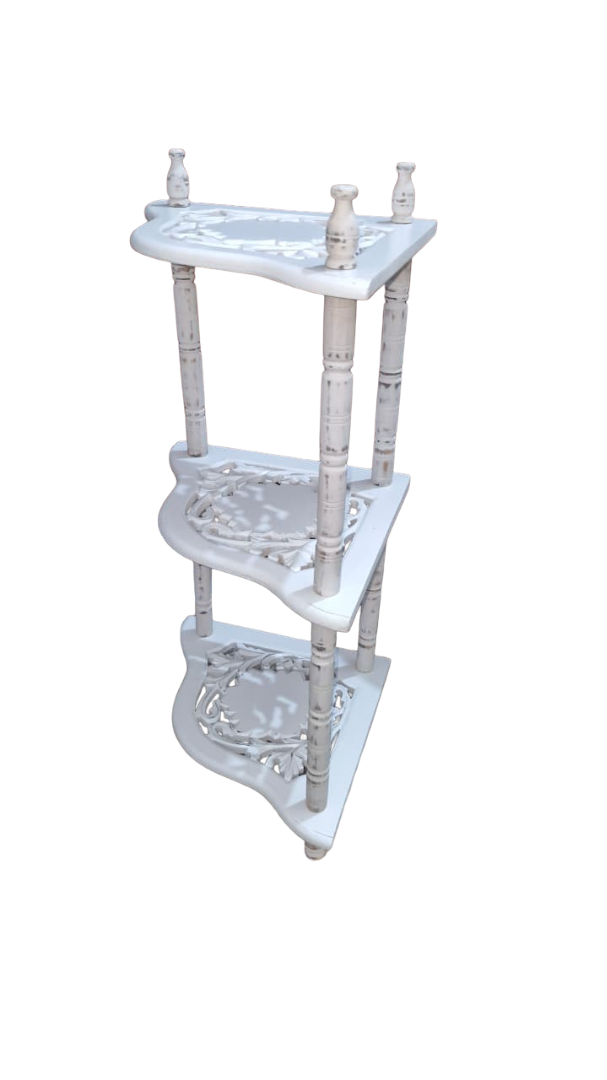 Wooden 3 Shelves Corner Table | Mini Corner Stand (White Antique Finish)