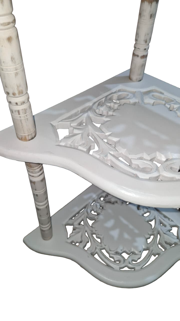 Wooden 3 Shelves Corner Table | Mini Corner Stand (White Antique Finish)