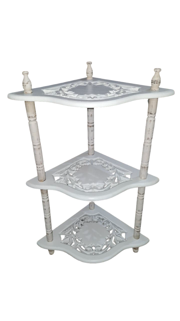 Wooden 3 Shelves Corner Table | Mini Corner Stand (White Antique Finish)