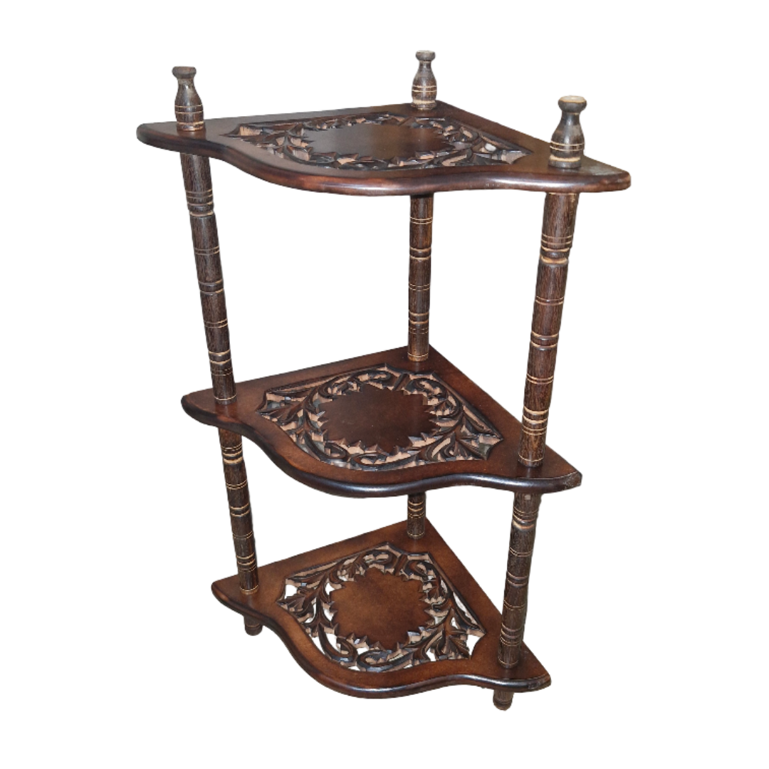 Wooden 3 Shelves Corner Table | Mini Corner Stand
