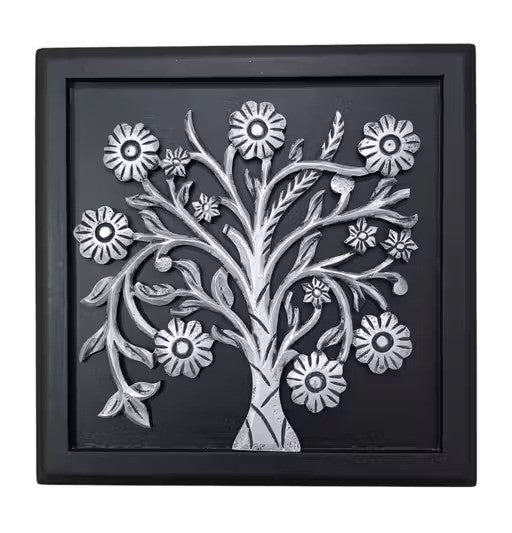 Hand Carved Wooden Wall Panel Black – Tree Design